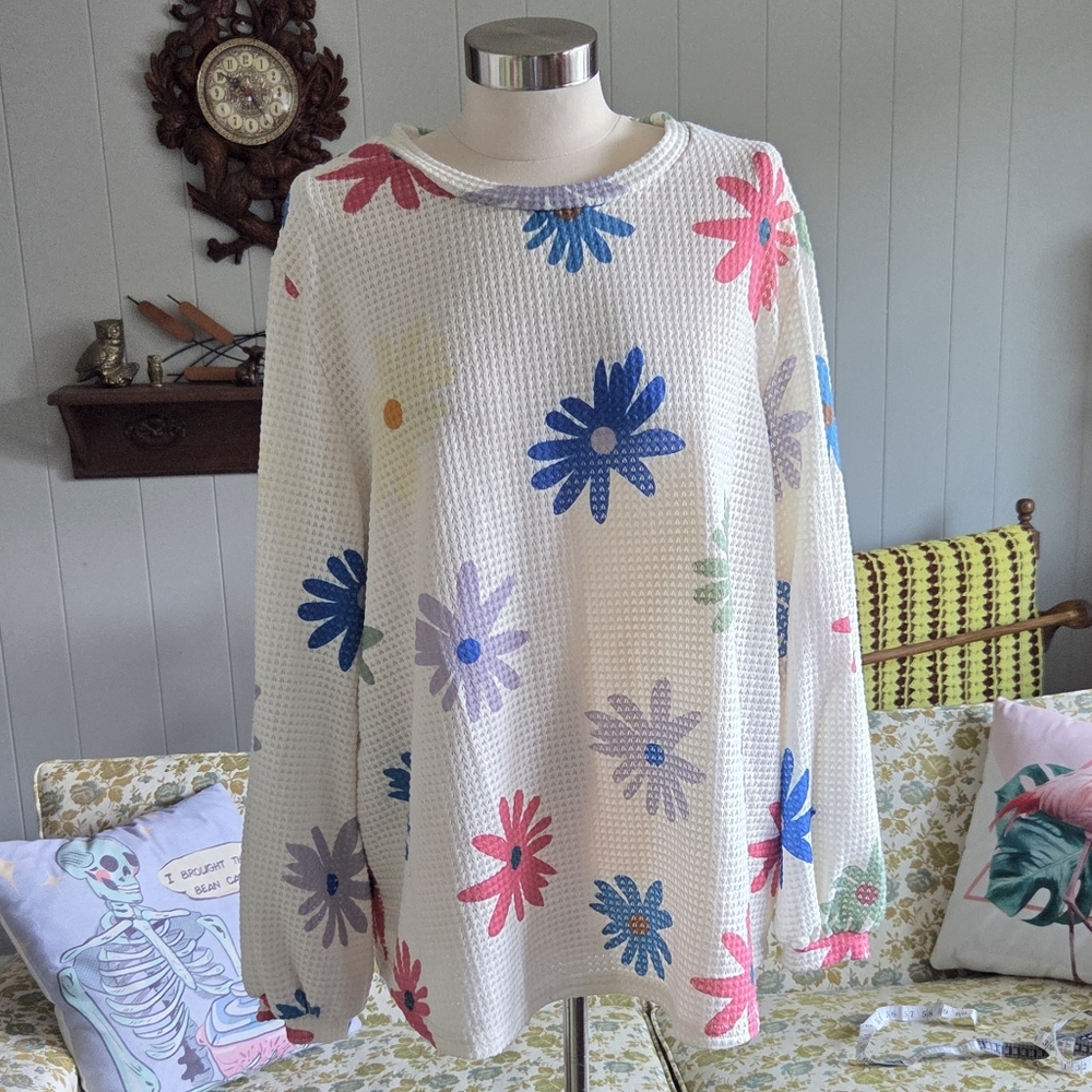 🪨 SHEIN Floral Print Waffle Knit Sweatshirt - Cream, Blue, Pink, Purple